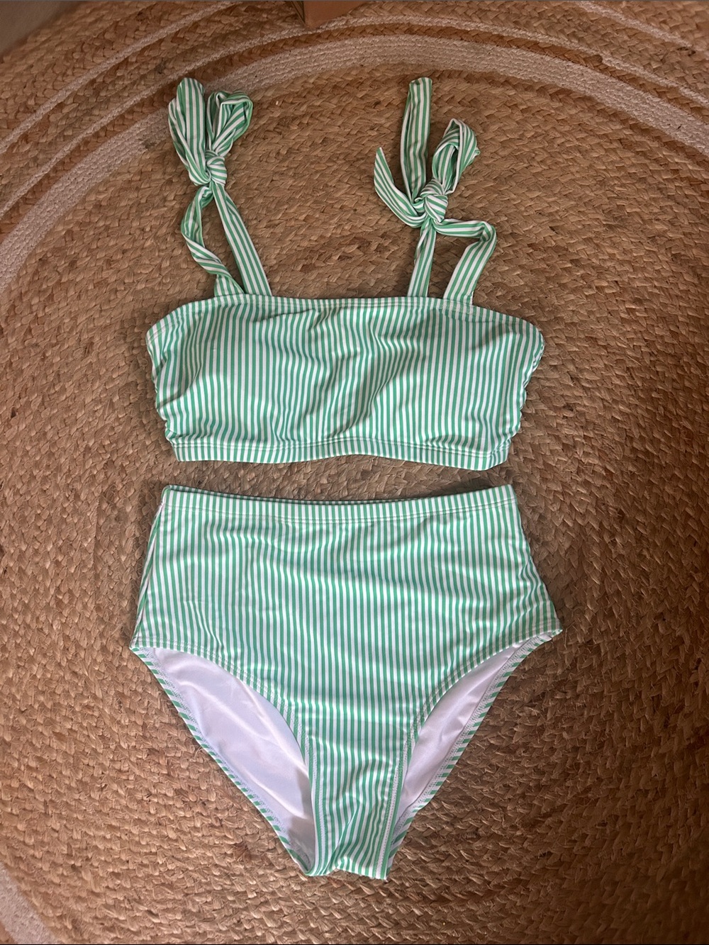 High-Waist Mint Green Striped Bikini with Tie-Strap Top